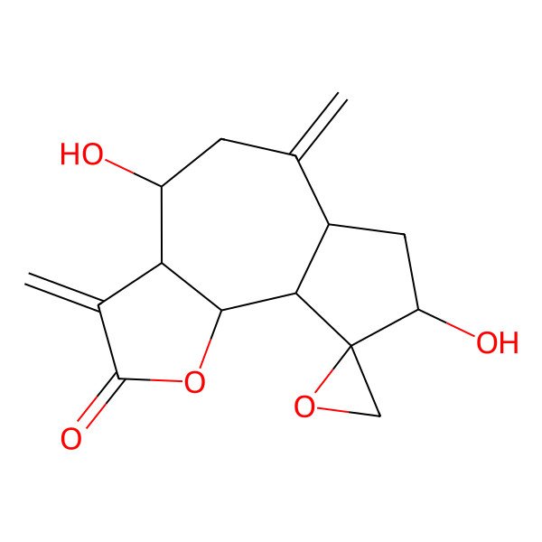 2D Structure of (3aR,4S,6aR,8S,9S,9aS,9bS)-4,8-dihydroxy-3,6-dimethylidenespiro[3a,4,5,6a,7,8,9a,9b-octahydroazuleno[4,5-b]furan-9,2'-oxirane]-2-one