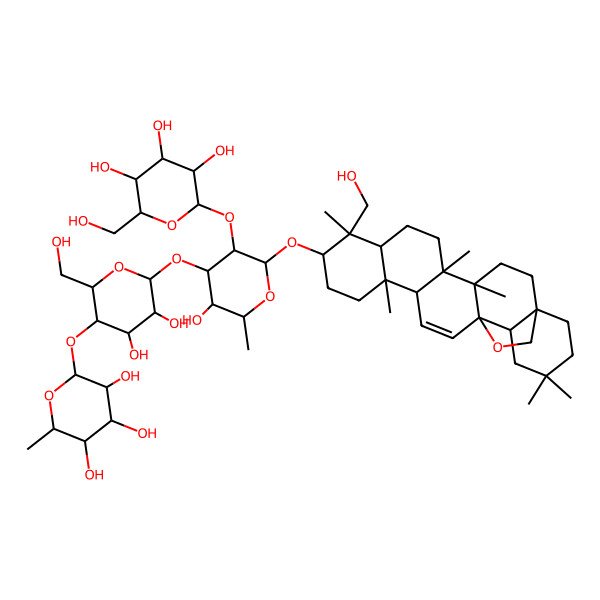 2D Structure of (2R,3R,4R,5R,6R)-2-[(2R,3S,4R,5R,6S)-4,5-dihydroxy-6-[(2R,3R,4S,5S,6R)-5-hydroxy-2-[[(1S,4S,5R,8S,9R,10S,13S,14R,17S,18R)-9-(hydroxymethyl)-4,5,9,13,20,20-hexamethyl-24-oxahexacyclo[15.5.2.01,18.04,17.05,14.08,13]tetracos-15-en-10-yl]oxy]-6-methyl-3-[(2S,3R,4S,5S,6R)-3,4,5-trihydroxy-6-(hydroxymethyl)oxan-2-yl]oxyoxan-4-yl]oxy-2-(hydroxymethyl)oxan-3-yl]oxy-6-methyloxane-3,4,5-triol