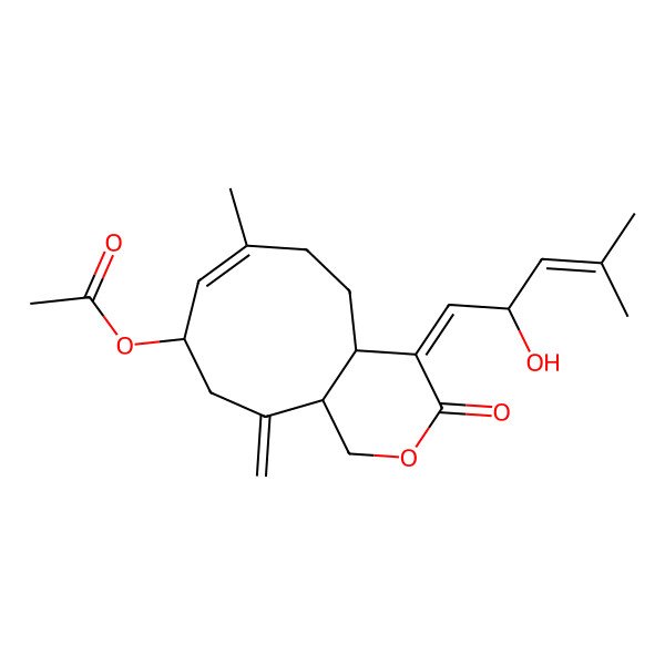 2D Structure of [4-(2-hydroxy-4-methylpent-3-enylidene)-7-methyl-11-methylidene-3-oxo-4a,5,6,9,10,11a-hexahydro-1H-cyclonona[c]pyran-9-yl] acetate