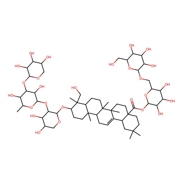 2D Structure of [(2S,3R,4S,5S,6R)-3,4,5-trihydroxy-6-[[(2R,3R,4R,5S,6R)-3,4,5-trihydroxy-6-(hydroxymethyl)oxan-2-yl]oxymethyl]oxan-2-yl] (4aS,6aR,6aS,6bR,8aR,9R,10S,12aR,14bS)-10-[(2S,3R,4S,5S)-3-[(2S,3R,4R,5S,6S)-3,5-dihydroxy-6-methyl-4-[(2S,3R,4S,5R)-3,4,5-trihydroxyoxan-2-yl]oxyoxan-2-yl]oxy-4,5-dihydroxyoxan-2-yl]oxy-9-(hydroxymethyl)-2,2,6a,6b,9,12a-hexamethyl-1,3,4,5,6,6a,7,8,8a,10,11,12,13,14b-tetradecahydropicene-4a-carboxylate