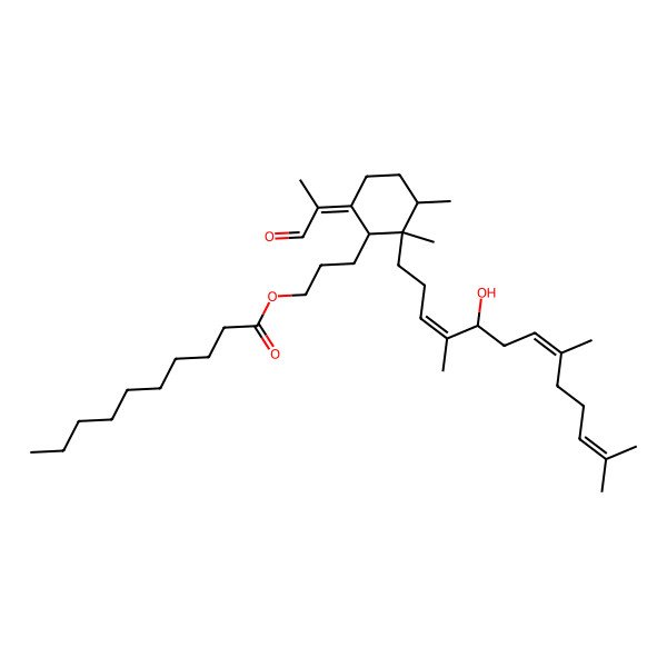 2D Structure of 3-[(1S,2R,3R,6Z)-2-[(3E,5R,7E)-5-hydroxy-4,8,12-trimethyltrideca-3,7,11-trienyl]-2,3-dimethyl-6-(1-oxopropan-2-ylidene)cyclohexyl]propyl decanoate