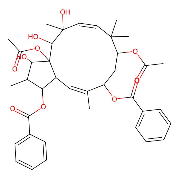 2D Structure of [(1S,2S,3S,3aS,4R,5S,6E,9S,11R,12Z,13aS)-3a,9-diacetyloxy-1-benzoyloxy-3,4,5-trihydroxy-2,5,8,8,12-pentamethyl-1,2,3,4,9,10,11,13a-octahydrocyclopenta[12]annulen-11-yl] benzoate