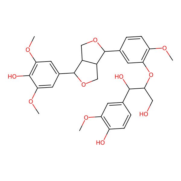 2D Structure of 2-[5-[(3R,3aS,6R,6aS)-6-(4-hydroxy-3,5-dimethoxyphenyl)-1,3,3a,4,6,6a-hexahydrofuro[3,4-c]furan-3-yl]-2-methoxyphenoxy]-1-(4-hydroxy-3-methoxyphenyl)propane-1,3-diol