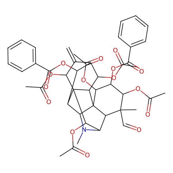 2D Structure of [(1R,2S,3R,4S,5R,6R,7S,8S,9R,11R,12S,13S,14R,16S,17S,18S)-4,6,16,17,18-pentaacetyloxy-5-benzoyloxy-7-formyl-7,10-dimethyl-15-methylidene-10-azahexacyclo[7.7.1.12,14.01,12.03,8.03,11]octadecan-13-yl] benzoate