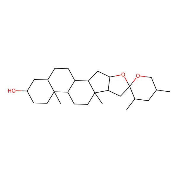 2D Structure of (1R,2S,3'S,4R,5'S,6S,8S,9S,12R,13S,16S,18R)-3',5',9,13-tetramethylspiro[5-oxapentacyclo[10.8.0.02,9.04,8.013,18]icosane-6,2'-oxane]-16-ol