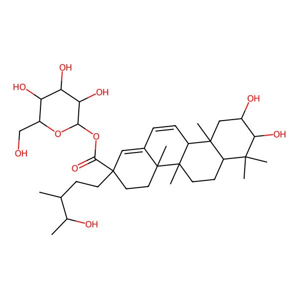 2D Structure of [(2S,3R,4S,5S,6R)-3,4,5-trihydroxy-6-(hydroxymethyl)oxan-2-yl] (2S,4aS,4bR,6aS,8S,9R,10aS,10bR)-8,9-dihydroxy-2-[(3R,4S)-4-hydroxy-3-methylpentyl]-4a,4b,7,7,10a-pentamethyl-4,5,6,6a,8,9,10,10b-octahydro-3H-chrysene-2-carboxylate