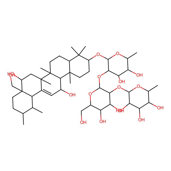 2D Structure of (2S,3R,4R,5R,6S)-2-[(2S,3R,4S,5S,6R)-2-[(2R,3R,4S,5R,6R)-2-[[(3S,4aR,6aR,6bS,8R,8aS,11R,12S,12aS,14S,14aR,14bS)-8,14-dihydroxy-8a-(hydroxymethyl)-4,4,6a,6b,11,12,14b-heptamethyl-2,3,4a,5,6,7,8,9,10,11,12,12a,14,14a-tetradecahydro-1H-picen-3-yl]oxy]-4,5-dihydroxy-6-methyloxan-3-yl]oxy-4,5-dihydroxy-6-(hydroxymethyl)oxan-3-yl]oxy-6-methyloxane-3,4,5-triol