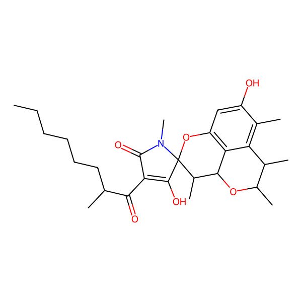 2D Structure of 4',11-Dihydroxy-1',4,7,8,10-pentamethyl-3'-(2-methyloctanoyl)spiro[2,6-dioxatricyclo[7.3.1.05,13]trideca-1(13),9,11-triene-3,5'-pyrrole]-2'-one