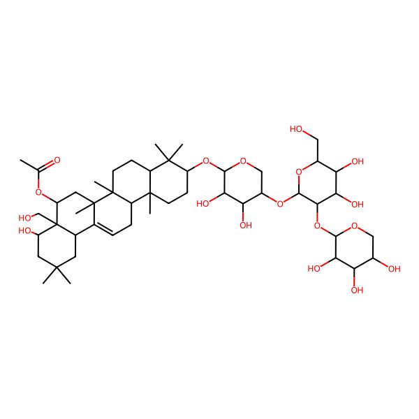 2D Structure of [(4S,4aS,5R,6aR,6aS,6bR,8aR,10S,12aR,14bS)-10-[(2S,3R,4R,5S)-5-[(2S,3R,4S,5S,6R)-4,5-dihydroxy-6-(hydroxymethyl)-3-[(2S,3R,4S,5R)-3,4,5-trihydroxyoxan-2-yl]oxyoxan-2-yl]oxy-3,4-dihydroxyoxan-2-yl]oxy-4-hydroxy-4a-(hydroxymethyl)-2,2,6a,6b,9,9,12a-heptamethyl-1,3,4,5,6,6a,7,8,8a,10,11,12,13,14b-tetradecahydropicen-5-yl] acetate