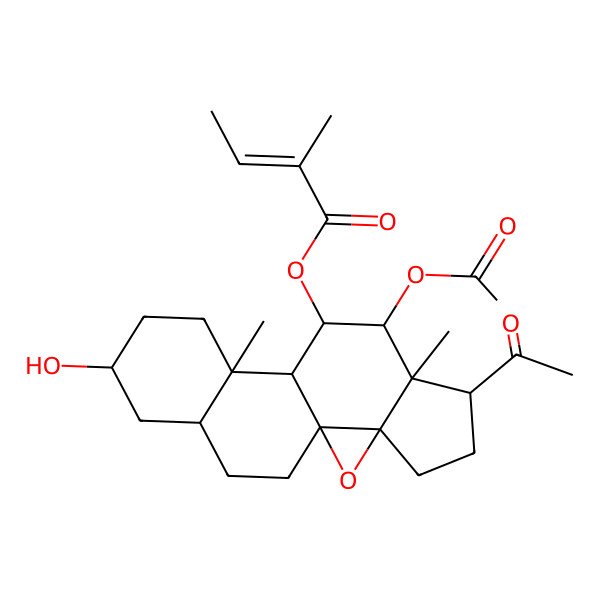 2D Structure of [(1S,3R,6R,7S,8S,9S,10S,11S,14S,16S)-6-acetyl-8-acetyloxy-14-hydroxy-7,11-dimethyl-2-oxapentacyclo[8.8.0.01,3.03,7.011,16]octadecan-9-yl] (E)-2-methylbut-2-enoate