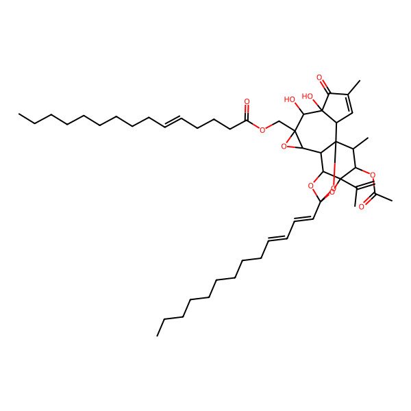 2D Structure of [(1R,2R,6S,7S,8R,10S,11S,12R,16S,17R,18R)-17-acetyloxy-6,7-dihydroxy-4,18-dimethyl-5-oxo-16-prop-1-en-2-yl-14-[(1E,3E)-trideca-1,3-dienyl]-9,13,15,19-tetraoxahexacyclo[12.4.1.01,11.02,6.08,10.012,16]nonadec-3-en-8-yl]methyl (E)-pentadec-5-enoate