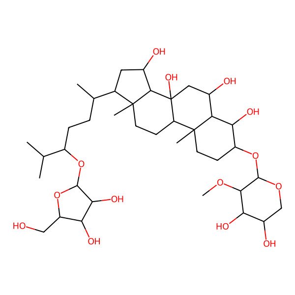 2D Structure of (3S,4R,5S,6R,8S,9R,10S,13R,14S,15S,17R)-17-[(2R,5S)-5-[(2R,3R,4R,5S)-3,4-dihydroxy-5-(hydroxymethyl)oxolan-2-yl]oxy-6-methylheptan-2-yl]-3-[(2S,3R,4S,5R)-4,5-dihydroxy-3-methoxyoxan-2-yl]oxy-10,13-dimethyl-1,2,3,4,5,6,7,9,11,12,14,15,16,17-tetradecahydrocyclopenta[a]phenanthrene-4,6,8,15-tetrol