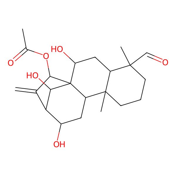 2D Structure of [(1S,2R,4S,5S,9S,10S,12S,15R,16R)-5-formyl-2,12,16-trihydroxy-5,9-dimethyl-14-methylidene-15-tetracyclo[11.2.1.01,10.04,9]hexadecanyl] acetate