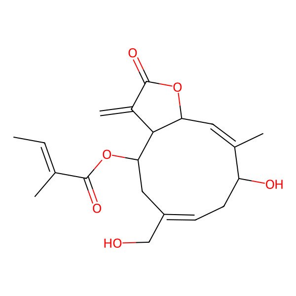 2D Structure of [(3aR,4R,6Z,9S,10Z,11aS)-9-hydroxy-6-(hydroxymethyl)-10-methyl-3-methylidene-2-oxo-3a,4,5,8,9,11a-hexahydrocyclodeca[b]furan-4-yl] (E)-2-methylbut-2-enoate