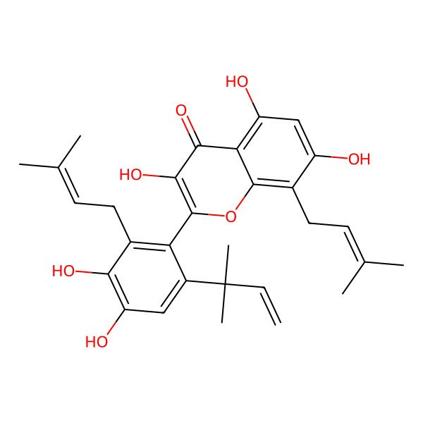 2D Structure of 2-[3,4-Dihydroxy-6-(2-methylbut-3-en-2-yl)-2-(3-methylbut-2-enyl)phenyl]-3,5,7-trihydroxy-8-(3-methylbut-2-enyl)chromen-4-one
