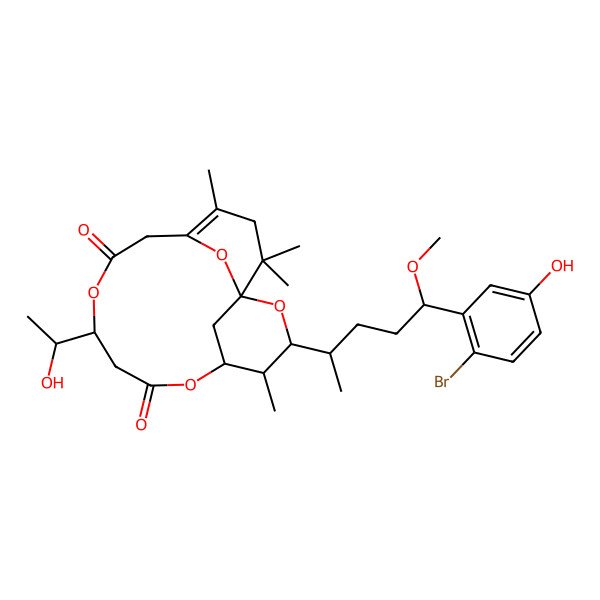 2D Structure of (1R,3S,4R,5R,9S)-3-[(2R,5R)-5-(2-bromo-5-hydroxyphenyl)-5-methoxypentan-2-yl]-9-[(1S)-1-hydroxyethyl]-4,14,16,16-tetramethyl-2,6,10,17-tetraoxatricyclo[11.3.1.11,5]octadec-13-ene-7,11-dione