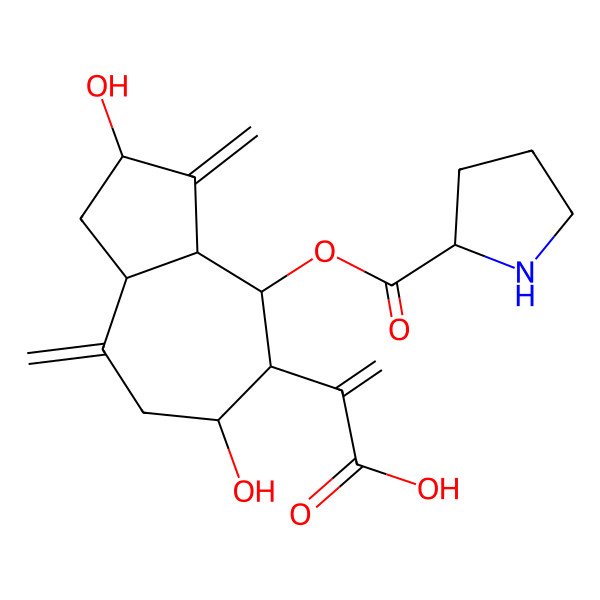 2D Structure of 2-[(2S,3aR,4R,5R,6S,8aR)-2,6-dihydroxy-3,8-dimethylidene-4-[(2S)-pyrrolidine-2-carbonyl]oxy-1,2,3a,4,5,6,7,8a-octahydroazulen-5-yl]prop-2-enoic acid