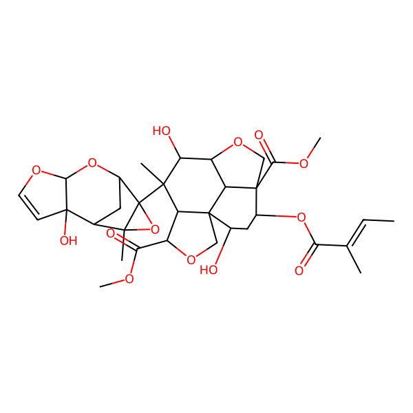 2D Structure of Dimethyl 7,14-dihydroxy-6-(2-hydroxy-11-methyl-5,7,10-trioxatetracyclo[6.3.1.02,6.09,11]dodec-3-en-9-yl)-6-methyl-12-(2-methylbut-2-enoyloxy)-3,9-dioxatetracyclo[6.6.1.01,5.011,15]pentadecane-4,11-dicarboxylate