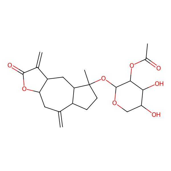 2D Structure of 4,5-Dihydroxy-2-((5-methyl-3,8-dimethylene-2-oxododecahydroazuleno[6,5-b]furan-5-yl)oxy)tetrahydro-2H-pyran-3-yl acetate