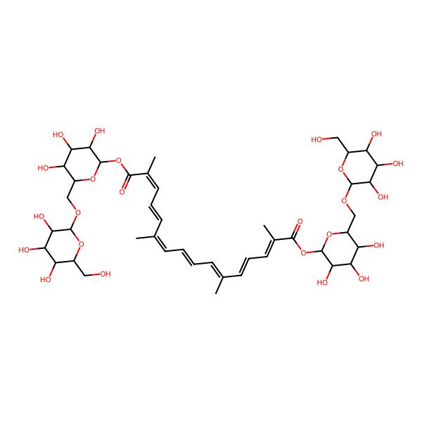 2D Structure of Bis[3,4,5-trihydroxy-6-[[3,4,5-trihydroxy-6-(hydroxymethyl)oxan-2-yl]oxymethyl]oxan-2-yl] 2,6,11,15-tetramethylhexadeca-2,4,6,8,10,12,14-heptaenedioate