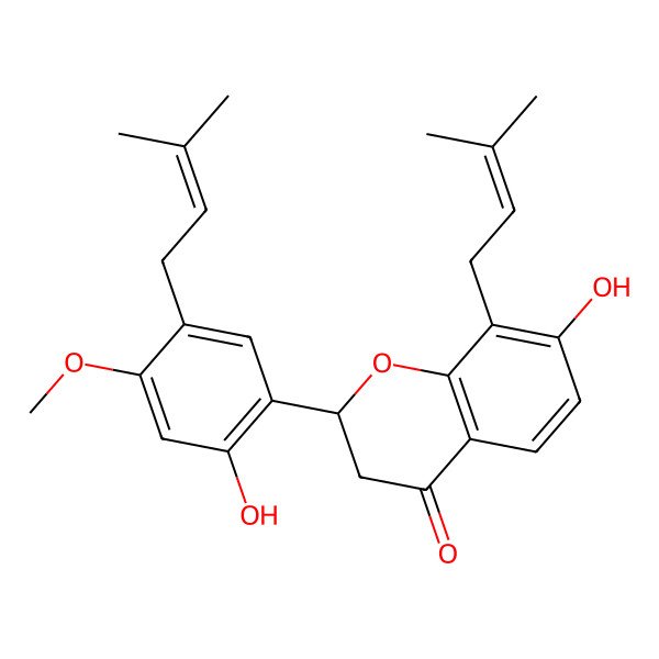 2D Structure of (2R)-7-hydroxy-2-[2-hydroxy-4-methoxy-5-(3-methylbut-2-enyl)phenyl]-8-(3-methylbut-2-enyl)-2,3-dihydrochromen-4-one