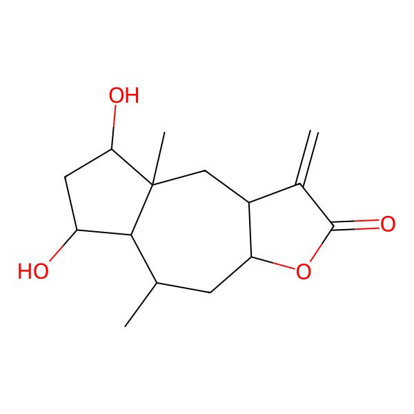 2D Structure of Azuleno(6,5-b)furan-2(3H)-one, decahydro-5,7-dihydroxy-4a,8-dimethyl-3-methylene-, (3aR,4aS,5R,7S,7aS,8R,9aS)-
