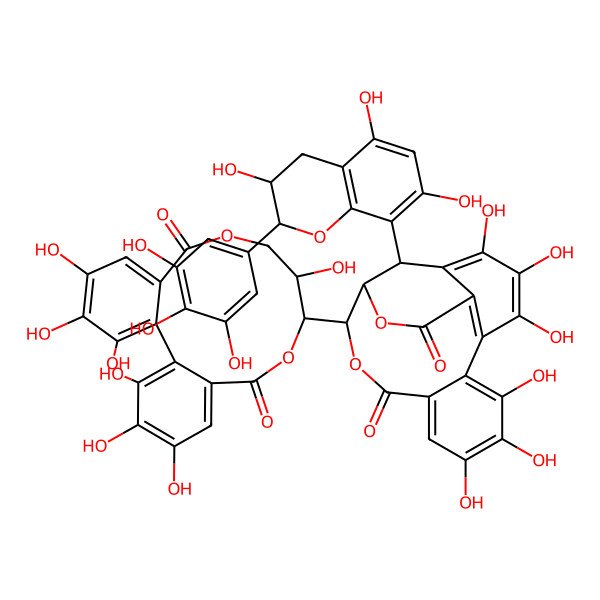2D Structure of 14-(3,4,5,11,17,18,19-heptahydroxy-8,14-dioxo-9,13-dioxatricyclo[13.4.0.02,7]nonadeca-1(19),2,4,6,15,17-hexaen-10-yl)-2,3,4,7,8,9-hexahydroxy-19-[3,5,7-trihydroxy-2-(3,4,5-trihydroxyphenyl)-3,4-dihydro-2H-chromen-8-yl]-13,16-dioxatetracyclo[13.3.1.05,18.06,11]nonadeca-1,3,5(18),6,8,10-hexaene-12,17-dione