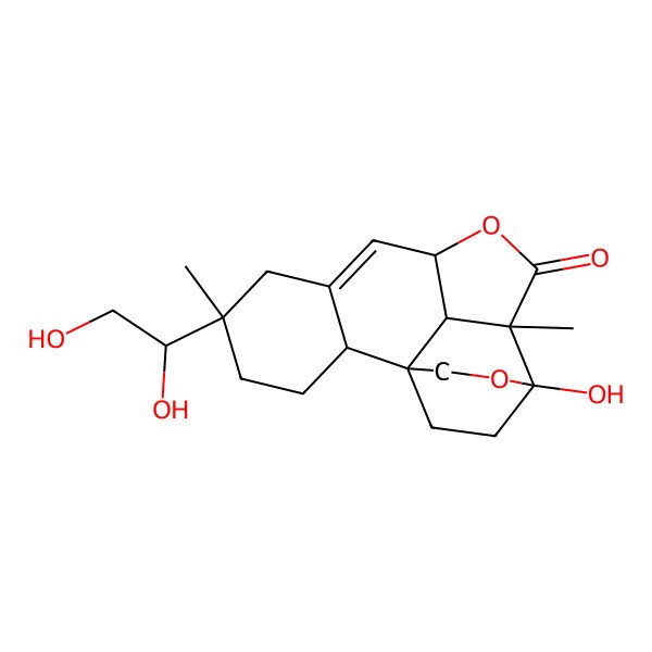 2D Structure of (1S,2R,5R,9R,12R,13S,18R)-5-[(1S)-1,2-dihydroxyethyl]-13-hydroxy-5,12-dimethyl-10,14-dioxapentacyclo[11.2.2.11,9.02,7.012,18]octadec-7-en-11-one