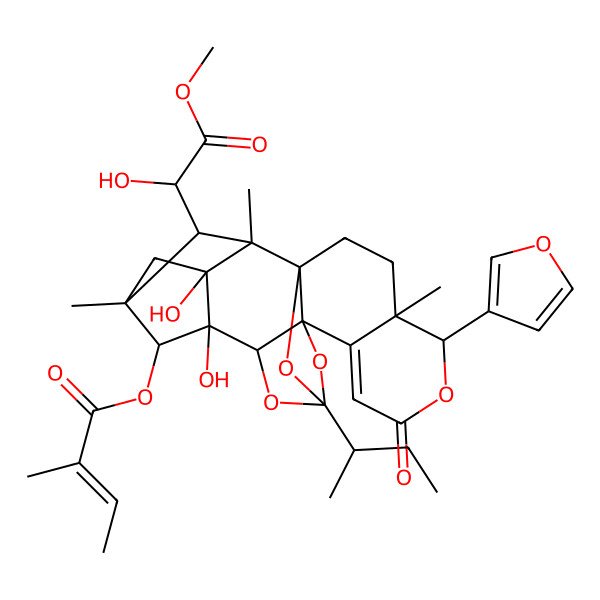 2D Structure of [12-Butan-2-yl-5-(furan-3-yl)-15,16-dihydroxy-19-(1-hydroxy-2-methoxy-2-oxoethyl)-4,18,20-trimethyl-7-oxo-6,11,13,21-tetraoxaheptacyclo[10.8.1.115,18.01,10.04,9.010,14.016,20]docos-8-en-22-yl] 2-methylbut-2-enoate