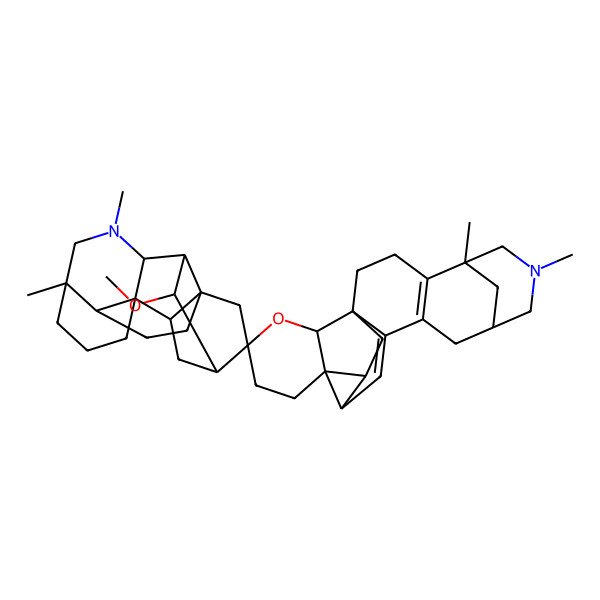 2D Structure of (1S,1'R,5R,5'R,8'S,9R,9'R,10'S,11'R,14'S,16S,17'S,18'R,19S,21R)-10'-methoxy-5,5',7,7'-tetramethylspiro[20-oxa-7-azaheptacyclo[13.6.1.15,9.01,12.04,11.014,16.016,21]tricosa-4(11),12-diene-19,12'-7-azahexacyclo[9.6.2.01,8.05,17.09,14.014,18]nonadecane]