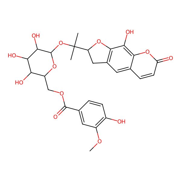 2D Structure of [3,4,5-Trihydroxy-6-[2-(9-hydroxy-7-oxo-2,3-dihydrofuro[3,2-g]chromen-2-yl)propan-2-yloxy]oxan-2-yl]methyl 4-hydroxy-3-methoxybenzoate