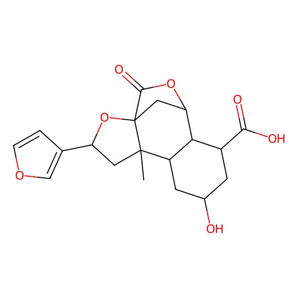 2D Structure of (3R,5S,8R,10R,11S)-3-(furan-3-yl)-8-hydroxy-5-methyl-14-oxo-2,13-dioxatetracyclo[10.2.1.01,5.06,11]pentadecane-10-carboxylic acid