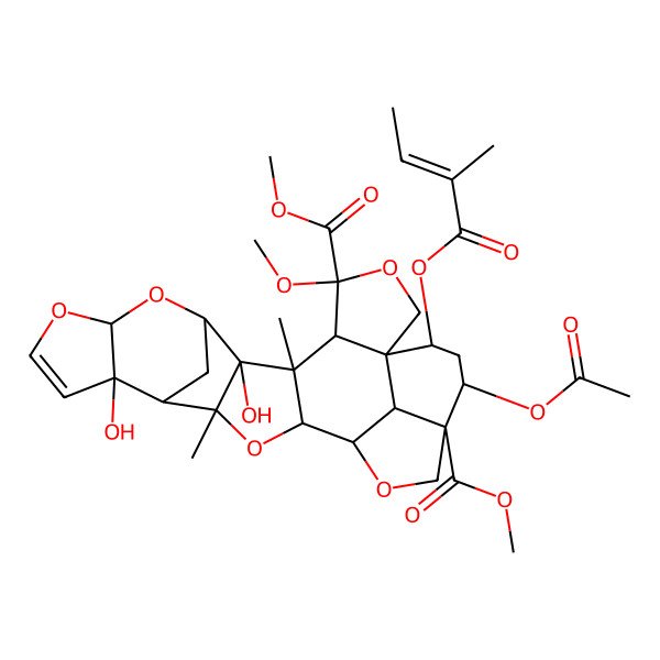2D Structure of Dimethyl 23-acetyloxy-7,14-dihydroxy-4-methoxy-6,16-dimethyl-25-(2-methylbut-2-enoyloxy)-3,9,11,17,20-pentaoxaoctacyclo[17.6.1.18,15.01,5.06,18.07,16.010,14.022,26]heptacos-12-ene-4,22-dicarboxylate