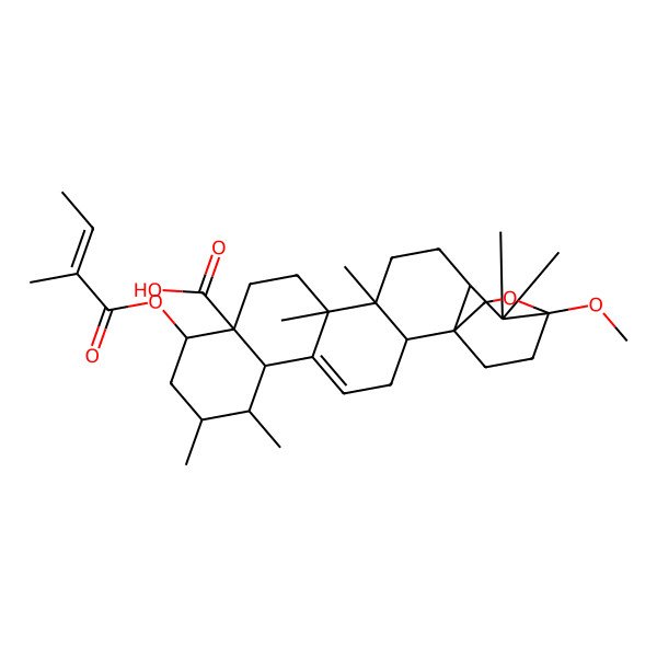 2D Structure of (1S,2S,6S,7S,8R,10R,11S,14S,15R,18R,20S)-20-methoxy-7,8,14,15,19,19-hexamethyl-10-[(Z)-2-methylbut-2-enoyl]oxy-21-oxahexacyclo[18.2.2.01,18.02,15.05,14.06,11]tetracos-4-ene-11-carboxylic acid
