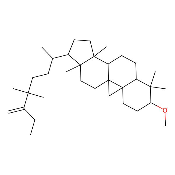 2D Structure of (1S,3R,6S,8R,11S,12S,15R,16R)-15-[(2R)-5,5-dimethyl-6-methylideneoctan-2-yl]-6-methoxy-7,7,12,16-tetramethylpentacyclo[9.7.0.01,3.03,8.012,16]octadecane