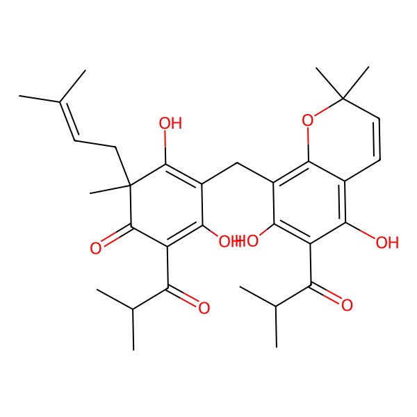 2D Structure of 4-[[5,7-Dihydroxy-2,2-dimethyl-6-(2-methylpropanoyl)chromen-8-yl]methyl]-3,5-dihydroxy-6-methyl-6-(3-methylbut-2-enyl)-2-(2-methylpropanoyl)cyclohexa-2,4-dien-1-one