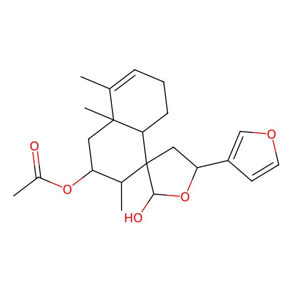 2D Structure of [(2R,2'R,3S,4S,4aS,5'S,8aR)-5'-(furan-3-yl)-2'-hydroxy-3,8,8a-trimethylspiro[1,2,3,4a,5,6-hexahydronaphthalene-4,3'-oxolane]-2-yl] acetate