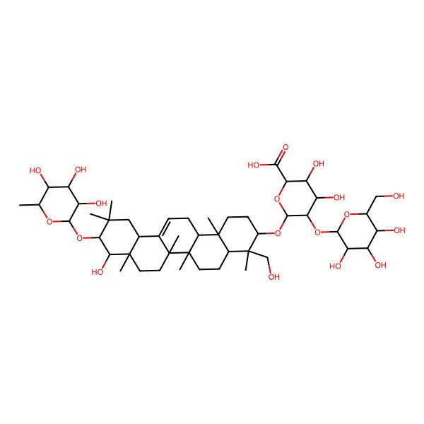 2D Structure of 3,4-Dihydroxy-6-[[9-hydroxy-4-(hydroxymethyl)-4,6a,6b,8a,11,11,14b-heptamethyl-10-(3,4,5-trihydroxy-6-methyloxan-2-yl)oxy-1,2,3,4a,5,6,7,8,9,10,12,12a,14,14a-tetradecahydropicen-3-yl]oxy]-5-[3,4,5-trihydroxy-6-(hydroxymethyl)oxan-2-yl]oxyoxane-2-carboxylic acid
