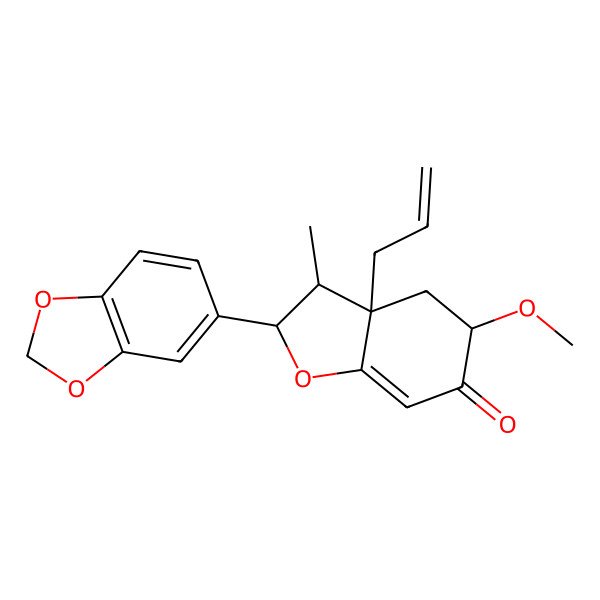 2D Structure of (2R,3R,3aR,5R)-2-(1,3-benzodioxol-5-yl)-5-methoxy-3-methyl-3a-prop-2-enyl-2,3,4,5-tetrahydro-1-benzofuran-6-one 2D Structure of (2R,3R,3aR,5R)-2-(1,3-benzodioxol-5-yl)-5-methoxy-3-methyl-3a-prop-2-enyl-2,3,4,5-tetrahydro-1-benzofuran-6-one