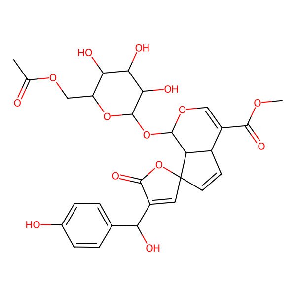 2D Structure of methyl 1-[6-(acetyloxymethyl)-3,4,5-trihydroxyoxan-2-yl]oxy-4'-[hydroxy-(4-hydroxyphenyl)methyl]-5'-oxospiro[4a,7a-dihydro-1H-cyclopenta[c]pyran-7,2'-furan]-4-carboxylate