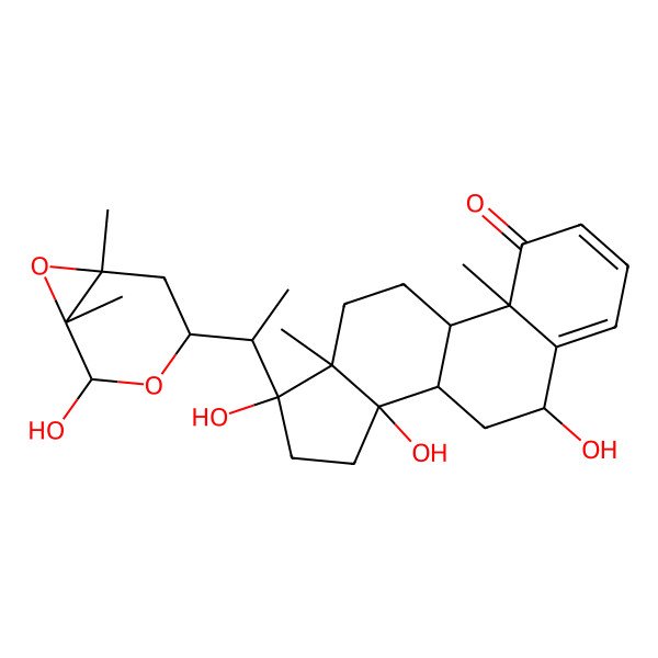 2D Structure of 6,14,17-Trihydroxy-17-[1-(2-hydroxy-1,6-dimethyl-3,7-dioxabicyclo[4.1.0]heptan-4-yl)ethyl]-10,13-dimethyl-6,7,8,9,11,12,15,16-octahydrocyclopenta[a]phenanthren-1-one