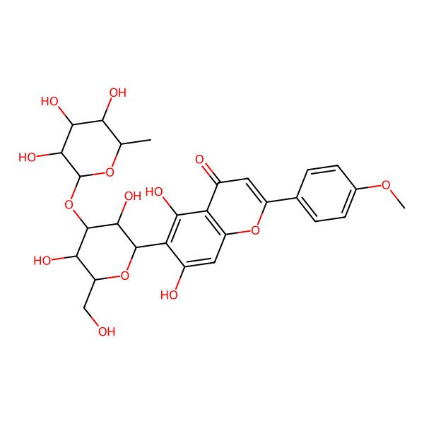 2D Structure of 6-[(2S,3S,4R,5R,6R)-3,5-dihydroxy-6-(hydroxymethyl)-4-[(2R,3S,4S,5S,6R)-3,4,5-trihydroxy-6-methyloxan-2-yl]oxyoxan-2-yl]-5,7-dihydroxy-2-(4-methoxyphenyl)chromen-4-one