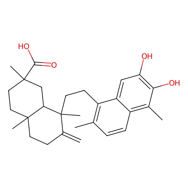 2D Structure of (2R,4aS,8S,8aR)-8-[2-(6,7-dihydroxy-2,5-dimethylnaphthalen-1-yl)ethyl]-2,4a,8-trimethyl-7-methylidene-1,3,4,5,6,8a-hexahydronaphthalene-2-carboxylic acid
