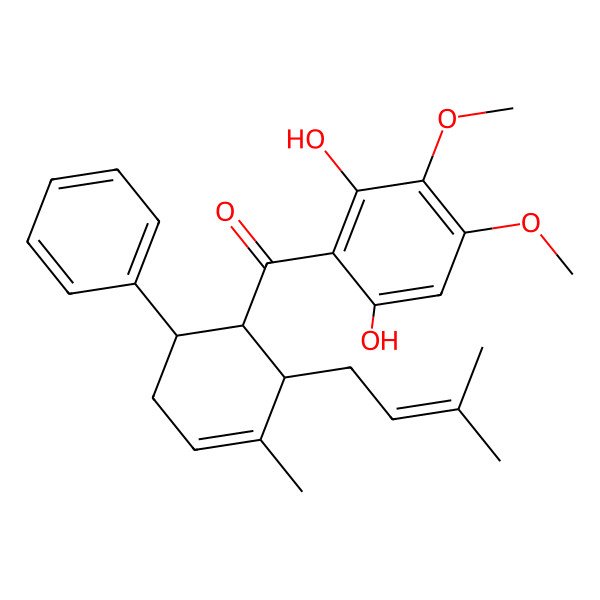 2D Structure of (2,6-dihydroxy-3,4-dimethoxyphenyl)-[(1R,2S,6R)-3-methyl-2-(3-methylbut-2-enyl)-6-phenylcyclohex-3-en-1-yl]methanone