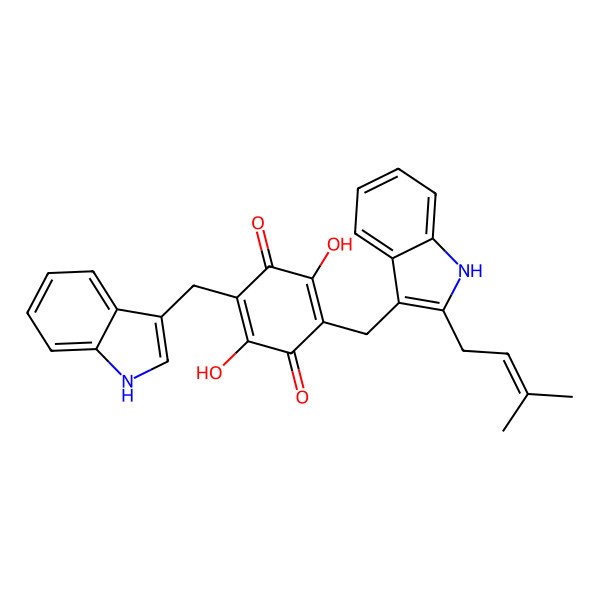 2D Structure of 2,5-dihydroxy-3-(1H-indol-3-ylmethyl)-6-[[2-(3-methylbut-2-enyl)-1H-indol-3-yl]methyl]cyclohexa-2,5-diene-1,4-dione