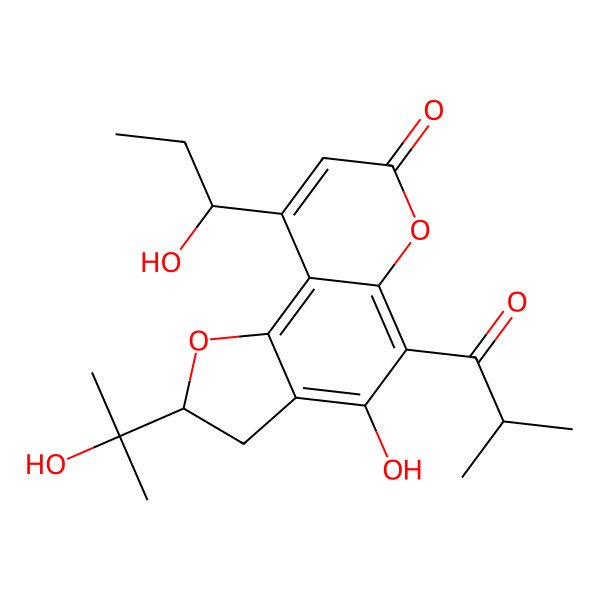 2D Structure of (2S)-4-hydroxy-2-(2-hydroxypropan-2-yl)-9-[(1S)-1-hydroxypropyl]-5-(2-methylpropanoyl)-2,3-dihydrofuro[2,3-f]chromen-7-one