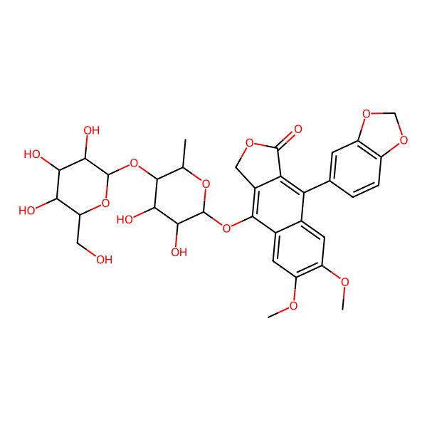 2D Structure of 9-(1,3-benzodioxol-5-yl)-4-[3,4-dihydroxy-6-methyl-5-[3,4,5-trihydroxy-6-(hydroxymethyl)oxan-2-yl]oxyoxan-2-yl]oxy-6,7-dimethoxy-3H-benzo[f][2]benzofuran-1-one