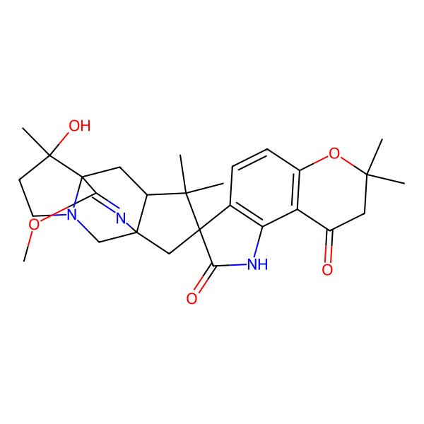 2D Structure of 6'-Hydroxy-14'-methoxy-6',7,7,10',10'-pentamethylspiro[1,8-dihydropyrano[2,3-g]indole-3,11'-3,13-diazatetracyclo[5.5.2.01,9.03,7]tetradec-13-ene]-2,9-dione