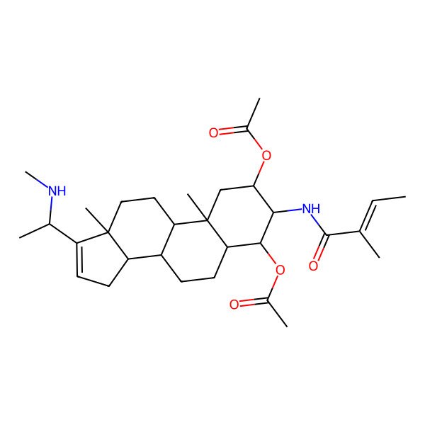 2D Structure of [4-acetyloxy-10,13-dimethyl-17-[1-(methylamino)ethyl]-3-(2-methylbut-2-enoylamino)-2,3,4,5,6,7,8,9,11,12,14,15-dodecahydro-1H-cyclopenta[a]phenanthren-2-yl] acetate