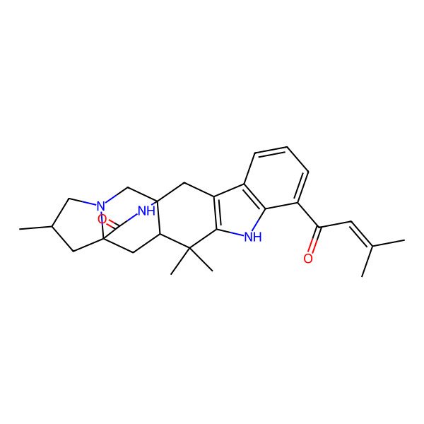 2D Structure of 12,12,17-Trimethyl-8-(3-methylbut-2-enoyl)-10,19,21-triazahexacyclo[13.5.2.01,13.03,11.04,9.015,19]docosa-3(11),4(9),5,7-tetraen-22-one